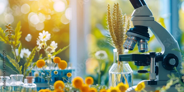 Fototapeta Microscopic View of Hybrid Wheat and Flowering Crops, Agricultural Biotechnology and Plant Hybridization Concept, Scientific Illustration of Crop Genetics and Growth