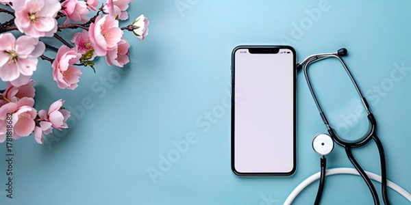 Fototapeta Digital Healthcare Concept with Smartphone, Stethoscope, and Blossoms on Blue Background