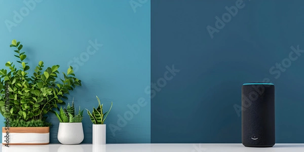 Fototapeta Modern Smart Speaker with Green Plants – Minimal Home Interior Technology Setup