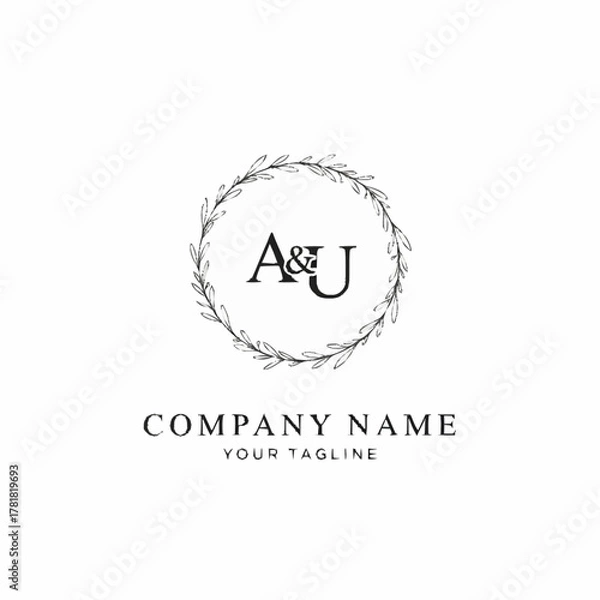 Fototapeta Elegant A and U monogram logo design with floral wreath for branding.