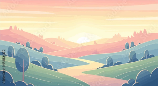 Obraz Tranquil pastel landscape illustrating the serene beauty of dawn or dusk over gentle rolling hills, with a winding path symbolizing peaceful journeys and new beginnings
