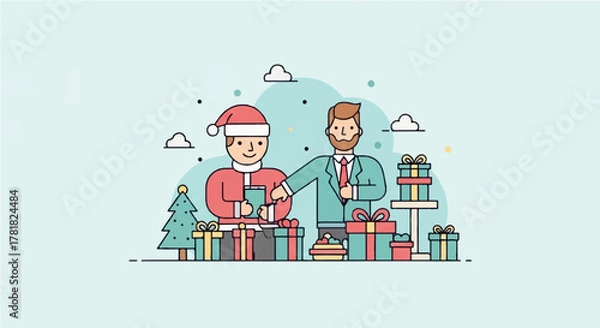 Obraz Illustration depicting two men in festive attire exchanging gifts amidst a backdrop of Christmas trees and presents, embodying the spirit of holiday generosity and celebration
