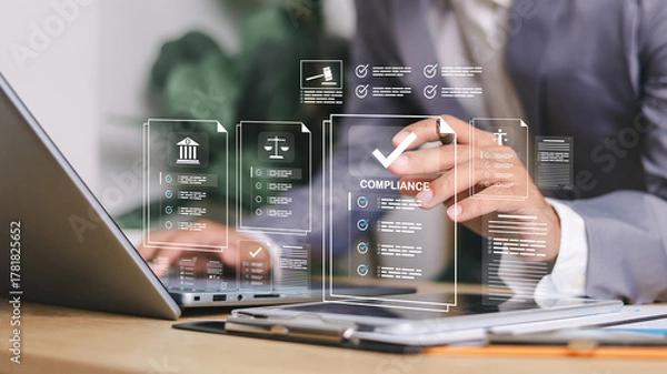 Fototapeta Compliance in business concept. Laws concept. Enforce laws, regulations and standards. requirements, audit diagram on virtual screen.