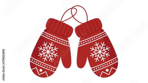 Fototapeta Cozy Winter Mittens: A pair of vibrant red mittens, adorned with intricate snowflake patterns, hangs together, creating a cozy and inviting scene of winter warmth.