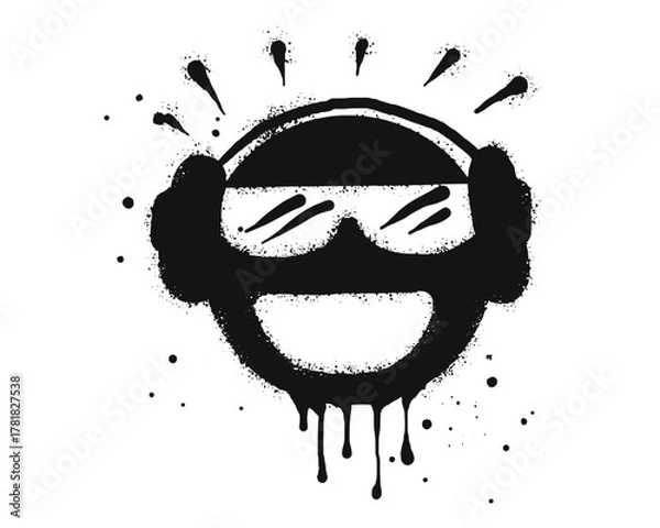 Fototapeta Smiling face emoticon character with headphone. Spray painted graffiti smile face in black over white. isolated on white background. vector illustration