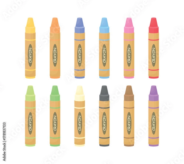 Obraz A set of wax crayons in various colors on a white background. Children's art. 12 wax crayons for drawing.