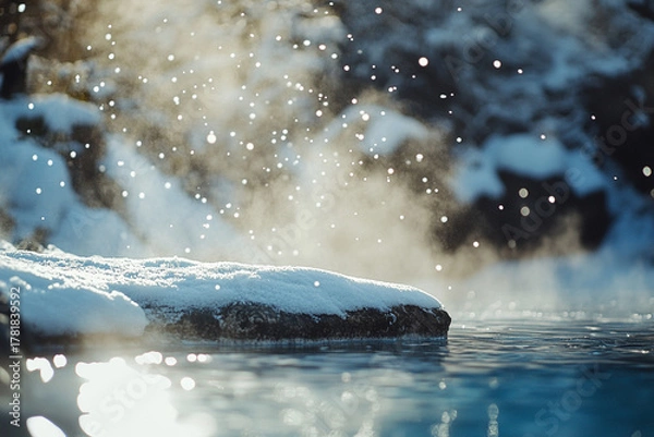 Obraz Snowflakes gently falling into a steaming hot spring
