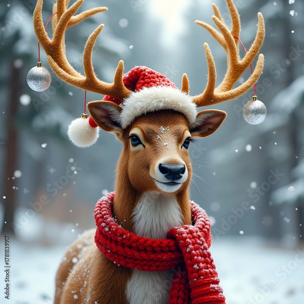 Fototapeta Festive reindeer illustration. The deer wears a red Santa hat, a red scarf, and has baubles hanging from its antlers, set in a snowy background.