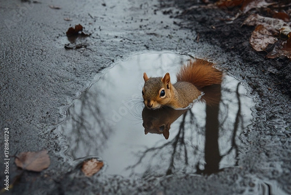 Obraz squirrel peering into puddle, curiously observing its own reflection