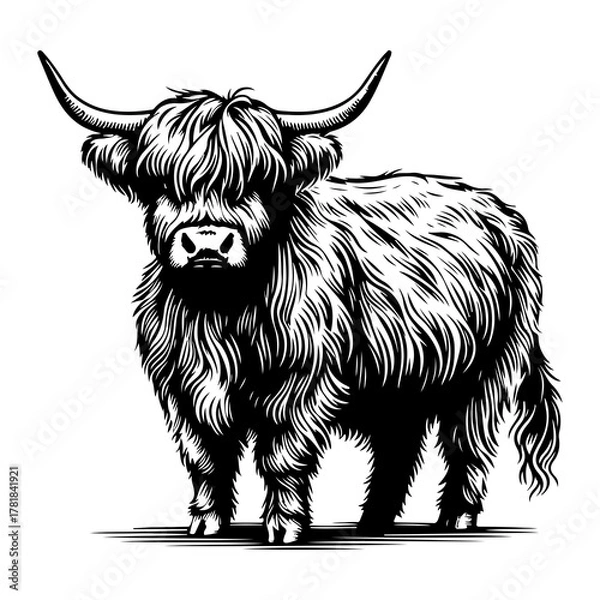 Fototapeta Highland Cattle Cow Vector Black and White Illustration — detailed hand-drawn farm animal artwork featuring a shaggy Scottish Highland cow with long curved horns and thick fur coat.