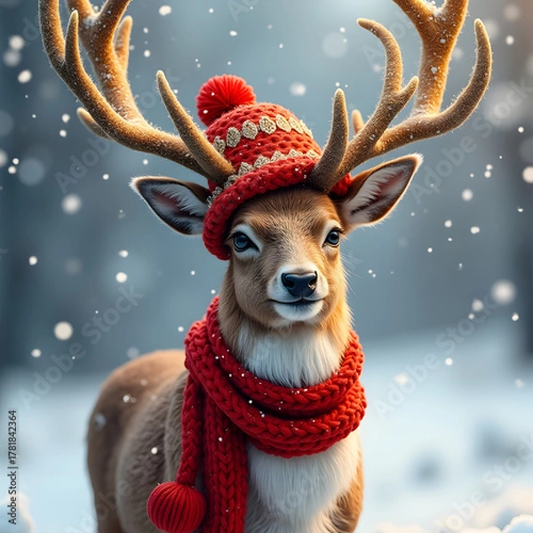 Fototapeta An illustrative seasonal image depicts a deer. It wears a red hat and scarf, and snowflakes softly fall around it.