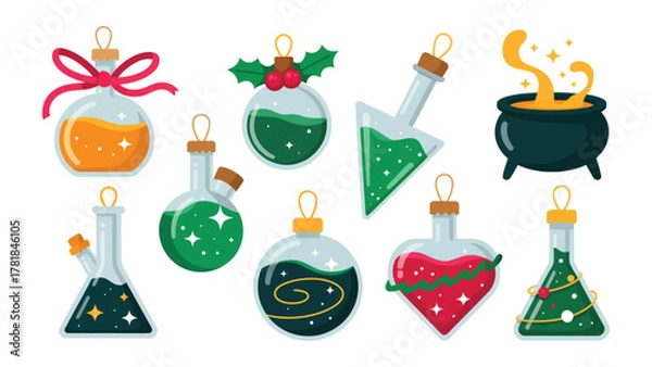 Fototapeta Magical Potion Ornaments: A whimsical assortment of enchanting potion-filled ornaments, each with unique shapes and festive touches, ideal for a touch of magical charm during the holiday season.