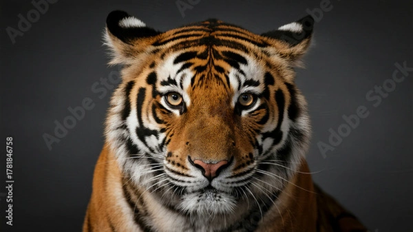 Fototapeta A clean, sharp studio-style portrait of a Siberian tiger's face isolated on a solid, dark background.