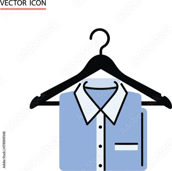 Fototapeta A light blue collared shirt neatly folded and hanging on a black wooden hanger, presented as a clean vector graphic icon.