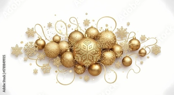 Fototapeta An elegant and luxurious composition of golden holiday ornaments, intricate snowflakes, and whimsical swirls creating a festive design on a white background
