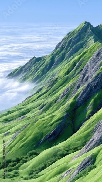 Obraz Lush Green Alpine Mountain Slopes Covered In Grass With Rocky Outcrops And Wispy Clouds Below Under A Clear Blue Sky