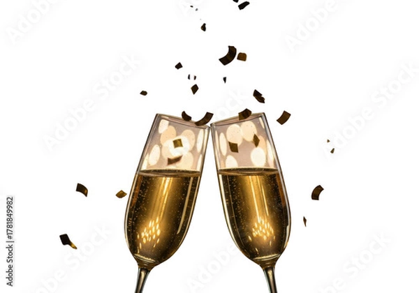 Obraz Two champagne flutes clinking together with splashes isolated on transparent background