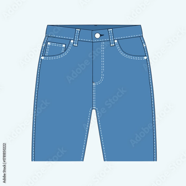 Fototapeta A flat illustration of a pair of blue denim shorts with white stitching and pockets.