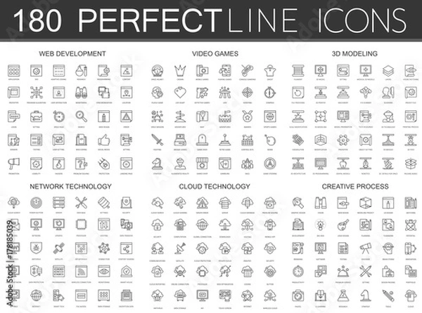 Fototapeta Zestaw 180 nowoczesnych cienkich linii ikon tworzenia stron internetowych, gier wideo, modelowania 3d, technologii sieciowej, technologii danych w chmurze, procesu twórczego.