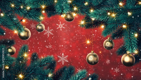 Fototapeta Festive Christmas Background with Golden Ornaments, Snowflakes, and Evergreen Branches
