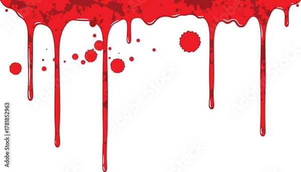Fototapeta Red cartoonish blood drips and splatters against a white background creating a spooky graphic design element
