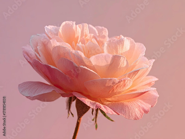 Obraz Soft focus single peach rose, petals glistening with gentle morning dew.