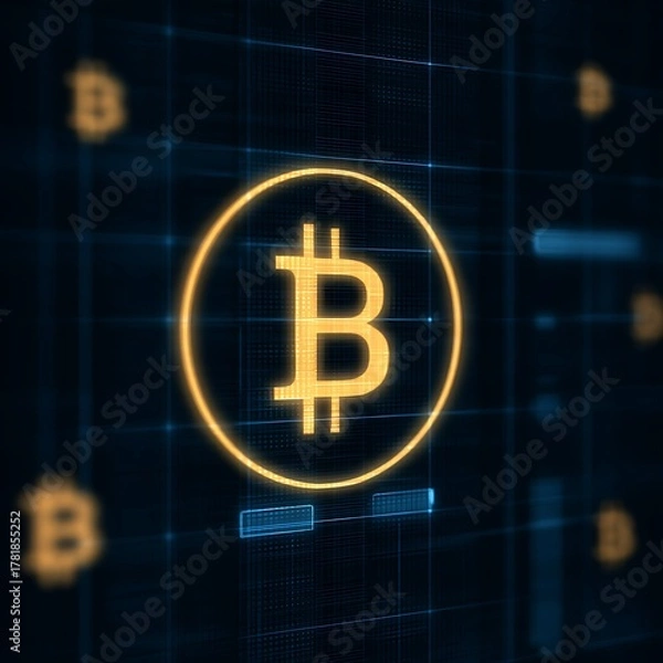 Fototapeta Futuristic glowing bitcoin luminous cryptocurrency trading charts