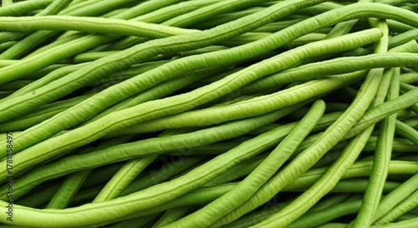 Fototapeta Abundant Pile of Fresh Green Long Beans Ready for Cooking