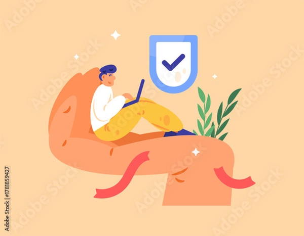 Obraz Illustration of an employee working in the palm of the boss's hand. Worker comfort and safety. Employee protection and welfare. A caring boss. Concept or metaphor. Flat style. Orange background.