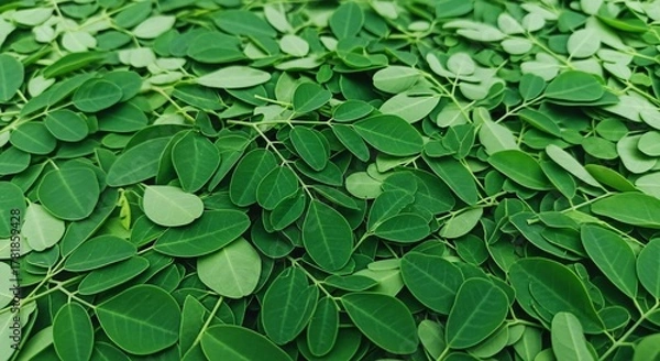 Fototapeta Abundant Green Moringa Leaves Scattered for Natural Texture