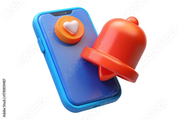 Obraz 3d rendered blue smartphone with heart notification and red bell alert icon for social media app isolated on transparent background