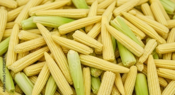 Fototapeta Close-up of a Pile of Fresh Baby Corn with Green Husks