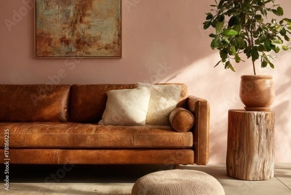 Fototapeta Cozy living room with a warm brown leather sofa plush pillows and a potted plant on a rustic wooden stool bathed in soft sunlight