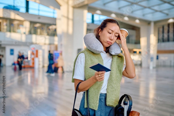 Obraz Asian woman feeling tired and stressed while traveling, holding a passport and coffee in a modern airport terminal