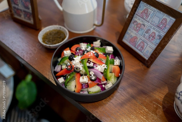 Fototapeta Fresh and vibrant Greek salad with feta cheese, vegetables, and olives. A delicious and healthy meal is ready to be served. 