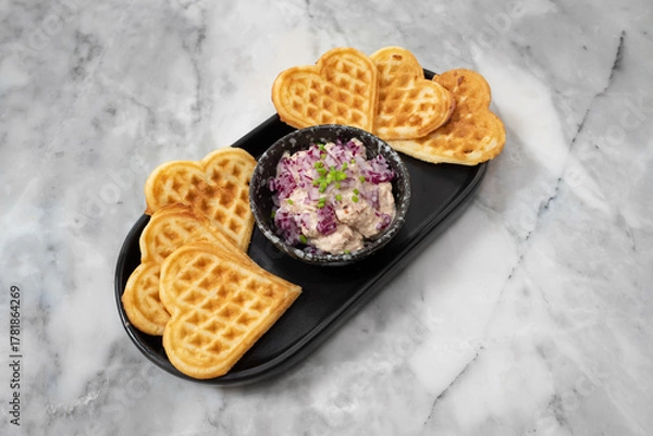 Fototapeta A delightful arrangement of heart-shaped waffles and dip, perfect for a romantic breakfast. The food is arranged on a stylish black tray with the light-colored marble pattern background