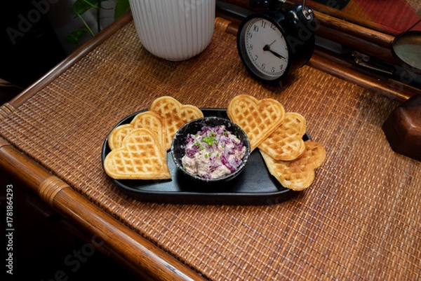 Fototapeta Heart-shaped waffles and a bowl of salad, artfully arranged on a tray. Perfect for sharing or a special treat.
