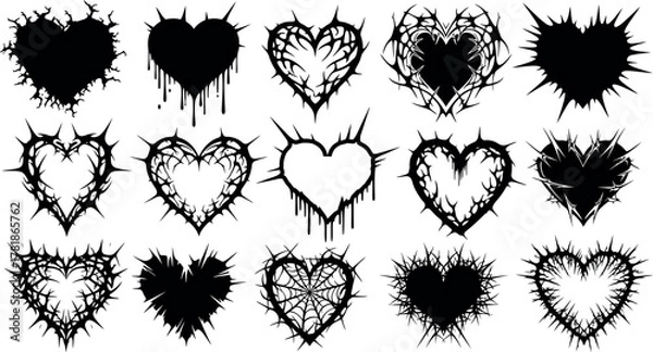 Obraz Collection of distressed and grunge style heart shapes with dripping and spiky elements