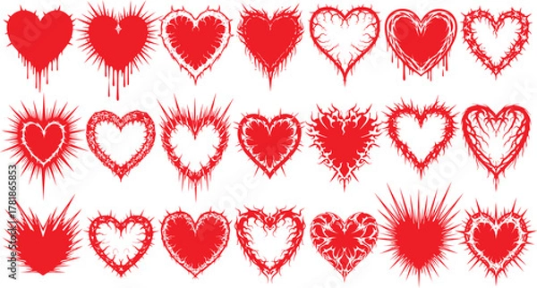 Fototapeta Collection of hand drawn red hearts with a distressed and splattered artistic effect