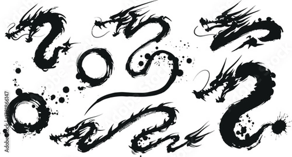 Fototapeta Collection of dynamic black ink splash brush stroke dragon illustrations in traditional east asian art style