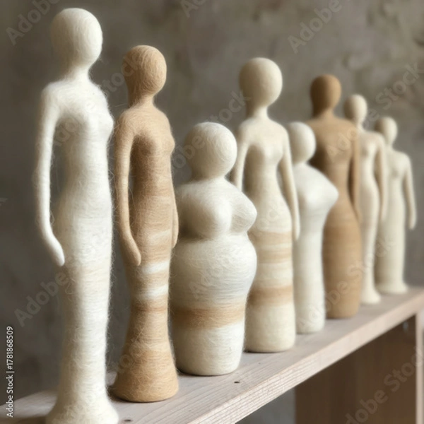 Obraz Handmade Felt Figures of Diverse Body Shapes on a Shelf, Natural Wool Craft, Suitable for Web