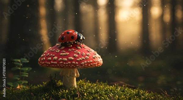 Obraz A ladybug rests on a red mushroom in the forest under warm evening light and peaceful natural surroundings.