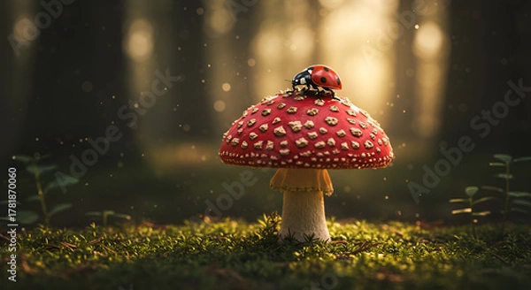 Obraz A ladybug rests on a red mushroom in the forest under warm evening light and peaceful natural surroundings.