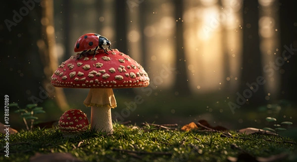 Obraz A ladybug rests on a red mushroom in the forest under warm evening light and peaceful natural surroundings.