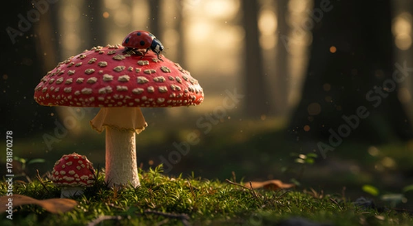 Obraz A ladybug rests on a red mushroom in the forest under warm evening light and peaceful natural surroundings.