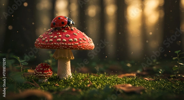 Obraz A ladybug rests on a red mushroom in the forest under warm evening light and peaceful natural surroundings.