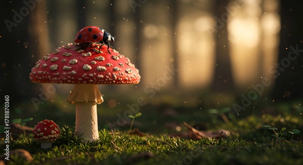 Obraz A ladybug rests on a red mushroom in the forest under warm evening light and peaceful natural surroundings.
