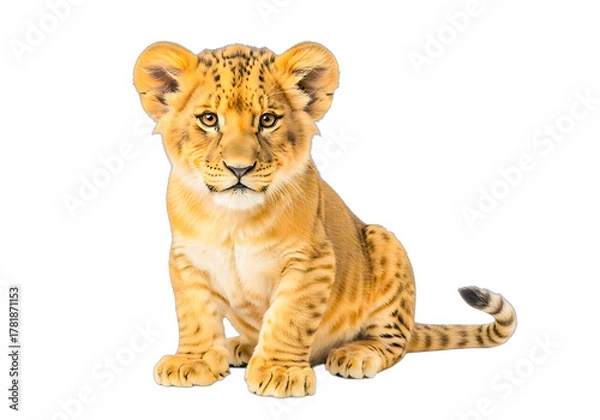 Obraz Adorable lion cub sitting isolated on transparent background looking at the camera