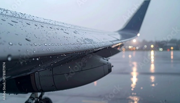 Fototapeta Airplane Wing Under Rain A Wet Day at the Airport, Featuring Water Droplets and Reflection