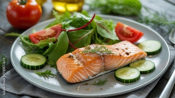 Obraz Grilled salmon with fresh salad and vegetables plate